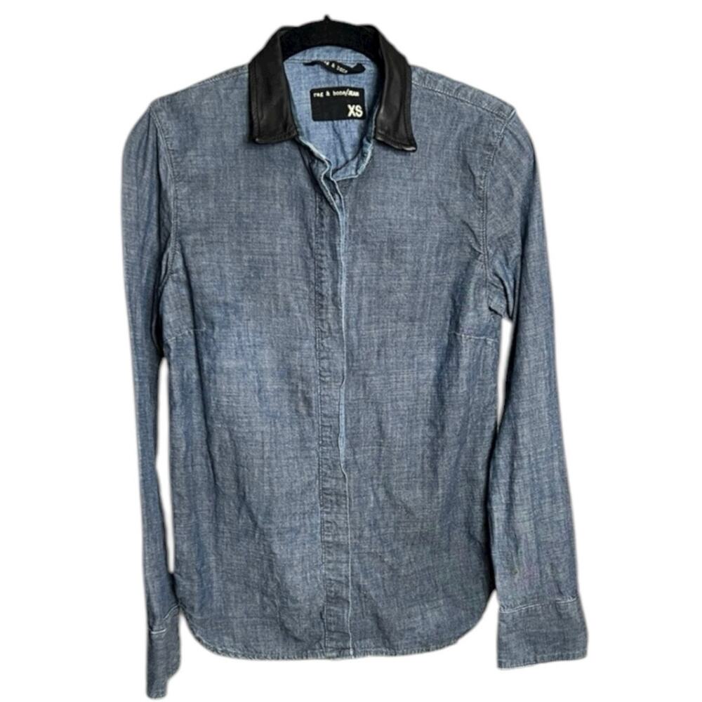 Rag & Bone Jean Blue Chambray Shirt Black Lamb Leather Collar Button Front XS